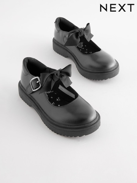 Matt Black Wide Fit (G) Leather Bow Chunky Mary Jane School Shoes (357701) | €53 - €63