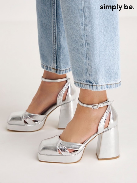 Simply Be Silver Standard/Wide Fit Platform Heeled Shoes (358230) | 99 QAR