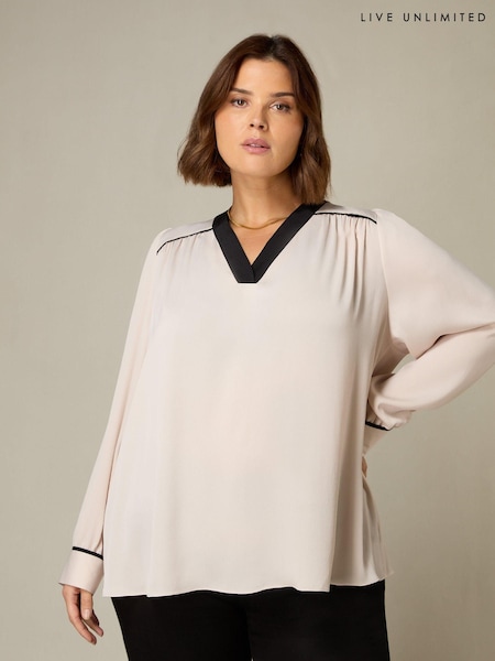 Live Unlimited Stone Cream Curve Contrast Neck Band Blouse (358464) | €37
