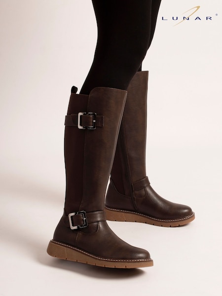 Brown - Lunar Devon Full Elastic Wide Fit Long Boots