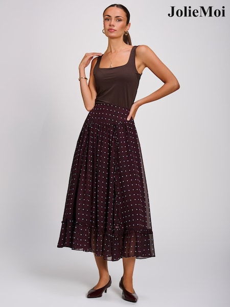 Brun - Jolie Moi Chiffong Frill Tiered Maxi Kjol