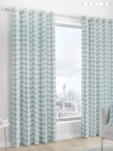 Fusion Duck Egg Blue Delft Leaf Print Eyelet 100% Cotton Curtains (361157) | €46 - €86