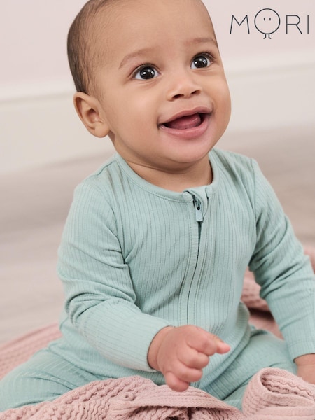MORI Ribbed Stretch Cotton & Bamboo 2 Way Zip Sleepsuit (362033) | AED192