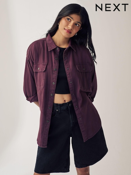 Roșu vișiniu - Print Oversized Denim 100% Cotton Shirt (362845) | 129 LEI