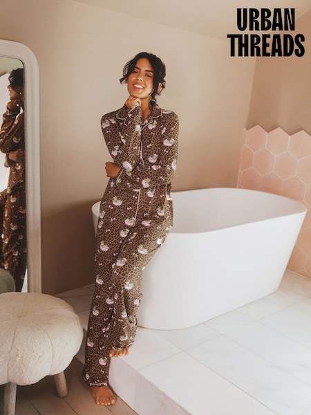 Brown - Urban Threads Urban Threads Brown Bath Time Bears Leopard Print Long Pyjamas Set