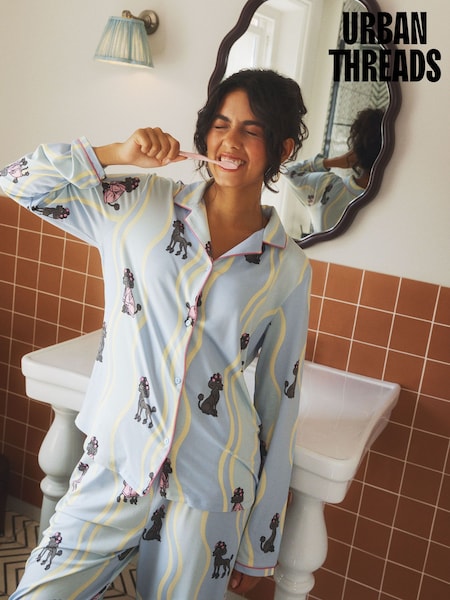 Blau - Urban Threads Poodle Wiggle Print Long Pyjamas Set