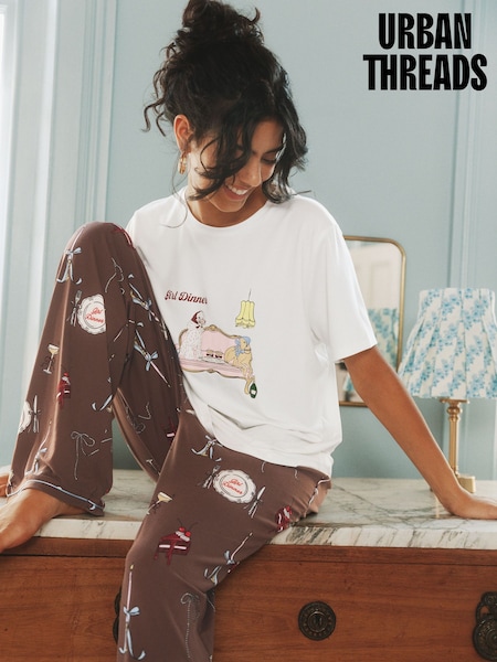 Brown - Urban Threads Girl Dinner Print Long Pyjamas Set
