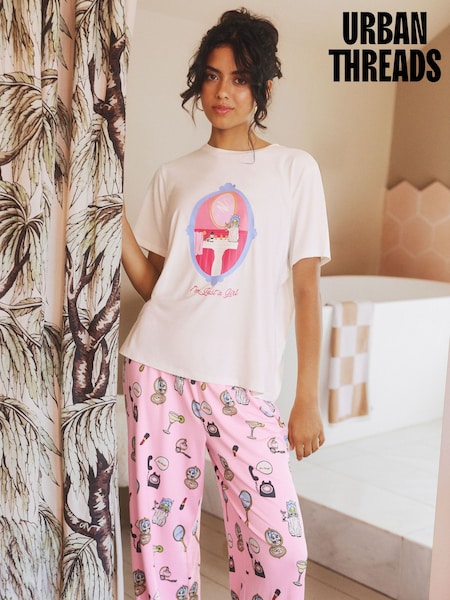 Pink - Urban Threads Pampered Cat Print Long Pyjamas Set