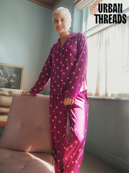 Rouge - Urban Threads Ribbon Bow Print Long Button Up Pyjamas Set