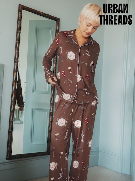 Marrón - Urban Threads Urban Threads Brown Dinner Print Long Button Up Pyjamas Set