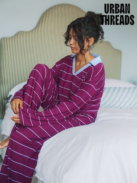 Sarkans - Urban Threads Burgundy Stripe Rugby Long Pyjamas Set