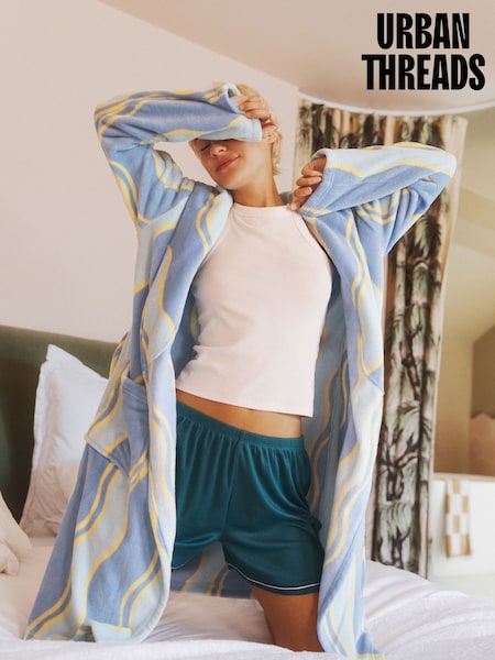 Blau - Urban Threads Blue Wiggle Stripe Fleece Dressing Gown