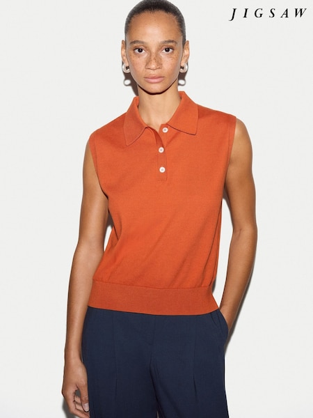 Orange - Jigsaw Cotton Sleeveless Polo Shirt