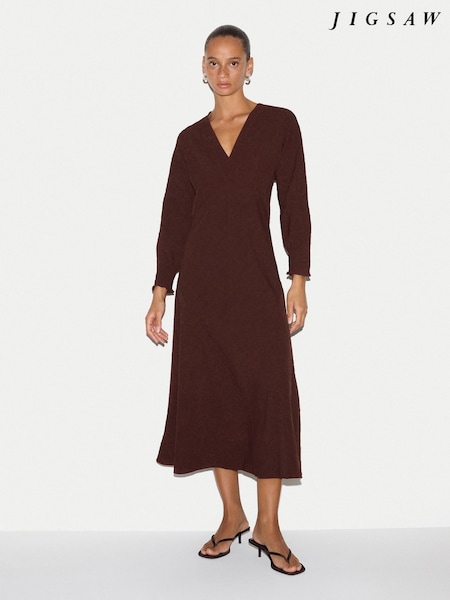 Brown - Jigsaw V-neck Godet Dress