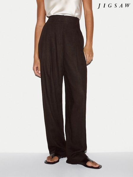 Brown - Jigsaw Linen Structured Pleat Trousers