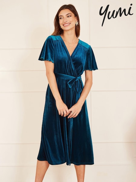 Yumi Blue Wrap Over Midi Dress With Angel Sleeves and Split Hem (365417) | €21