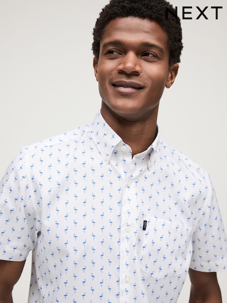 Темно-синий/розовый с фламинго - Easy Iron Button Down Short Sleeve Oxford Shirt (365746) | €5