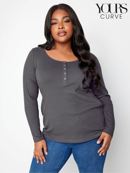 Yours Curve Grey Popper Ribbed Long Sleeve Top (366233) | €27