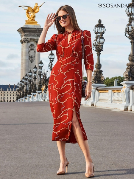 Sosandar Red Chain Print Keyhole Detail Midi Dress (369046) | €104
