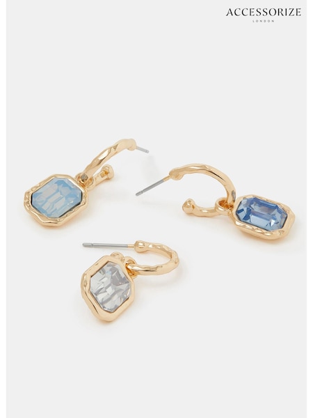 Blue - Accessorize Gemstone Drop Hoop Earrings 3 Pack