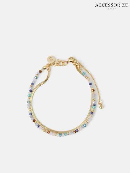 זהב - Accessorize צמיד שורות בציפוי 14 קרט עם חרוזים