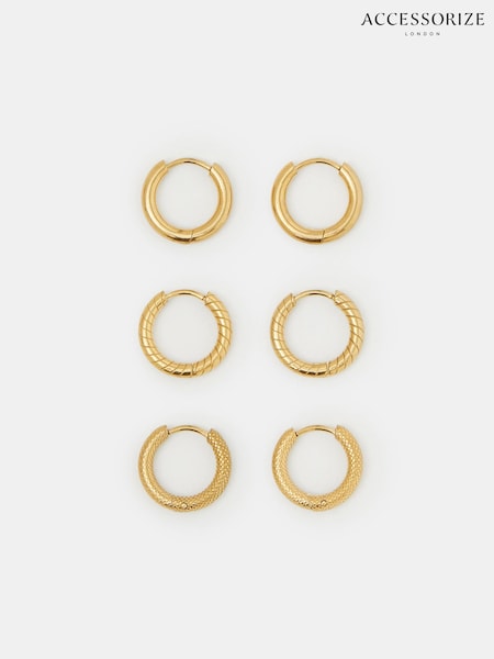 金色 - Accessorize Stainless Steel Textured Hoop Earrings 3 Pack