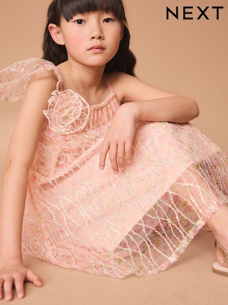 Pink Floral Sequin One Shoulder Party Dress (3-16yrs) (369640) | AED60 - AED75