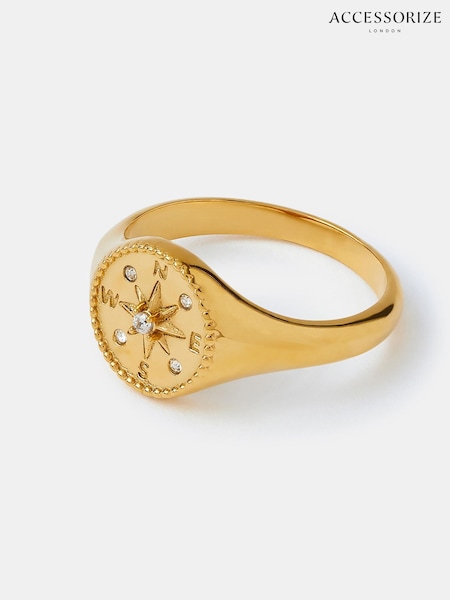 Gold Tone - Accessorize Stainless Steel Compass Coin Ring