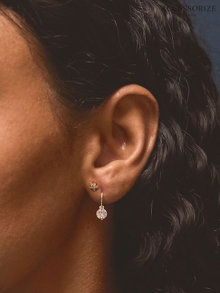 Gold - Accessorize 14ct Plated Cubic Zirconia Stud & Hoop Earrings 4-pack