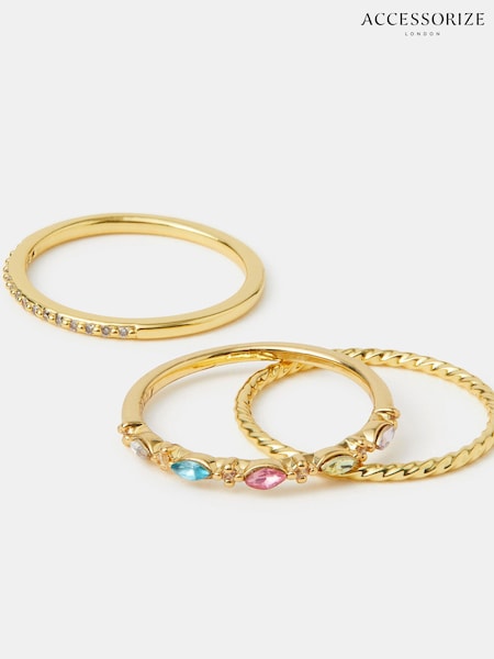 Gold - Accessorize 14ct Plated Jewel Rings 3-pack