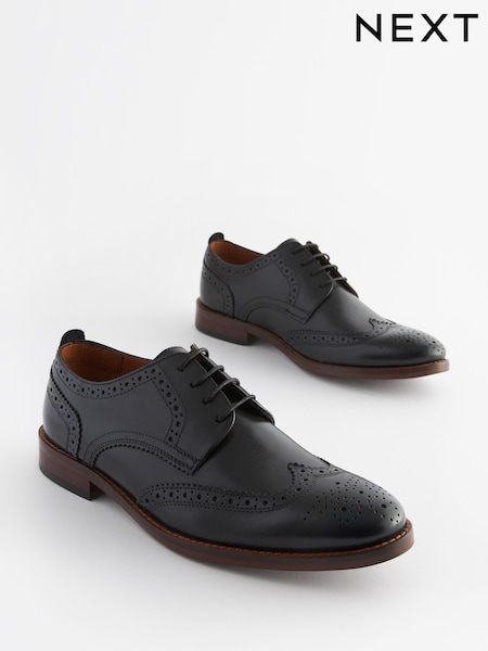 Black Wide Fit Leather Contrast Sole Brogue Shoes (370754) | AED258 - AED271