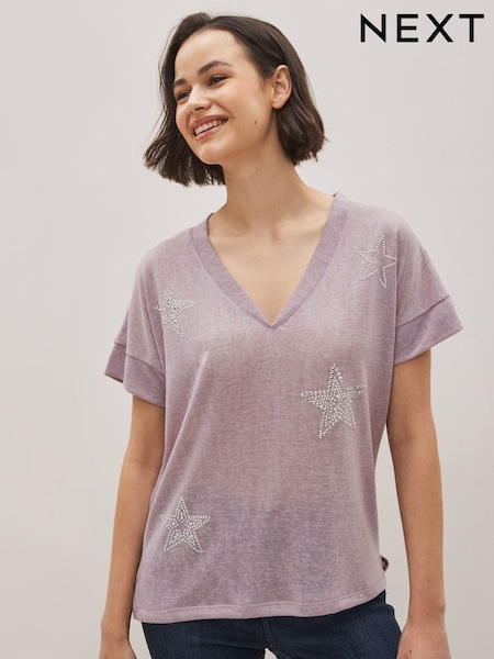 Сиренево-фиолетовый - V-Neck Star Linen Look T-Shirt (3719W9) | €11