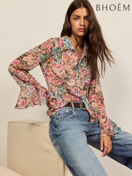 Multi - Ruffle Long Sleeve Floral Blouse