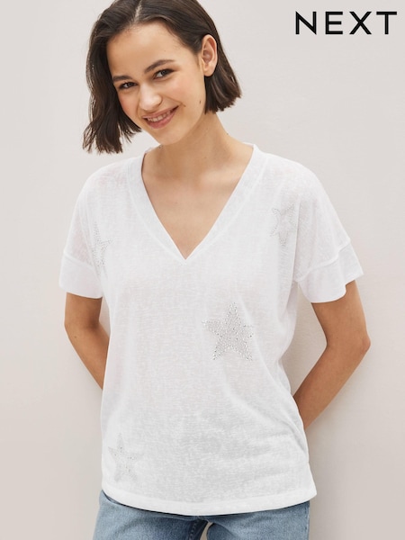 Белый - V-Neck Star Linen Look T-Shirt (3730L9) | €11