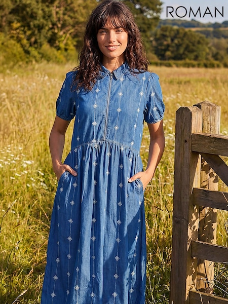 Blue - Roman Embroidered Zip Detail Dress