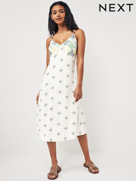 Kremno bela/zelena - Print Midi Strappy Summer Slip Dress (373790) | € 16