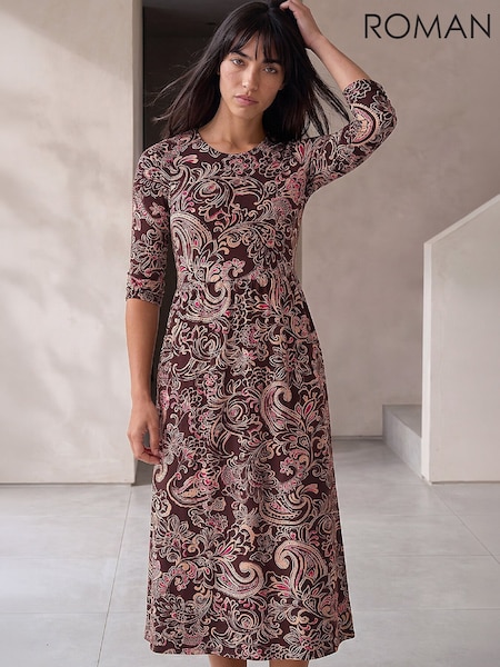 Brown - Roman Petite Floral Midi Dress