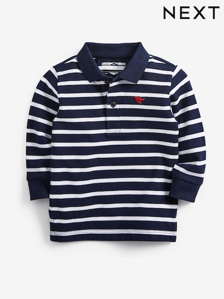 Navy/White Stripe 100% Cotton Long Sleeve Stripe Polo Shirt (3mths-7yrs) (374069) | $14 - $19