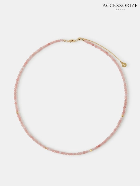 Pink - Accessorize 14ct Gold-plated Rose Quartz Beaded Necklace