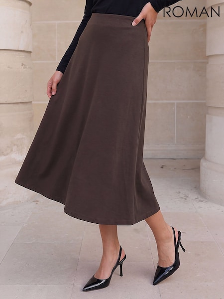 Brown - Roman Petite Ponte Stretch Midi Skirt