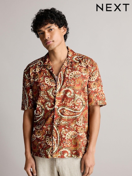 Brown Printed Short Sleeve Shirt With Cuban Collar (374175) | €20