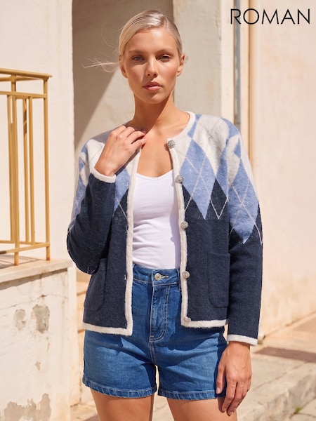 Blue - Roman Petite Buttoned Argyle Knit Cardigan