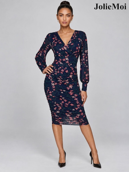 Σκούρο μπλε Floral - Jolie Moi Mesh Bodycon Midi Dress