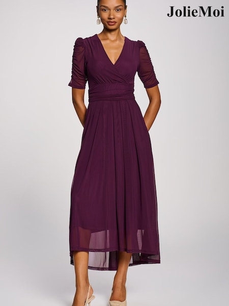 Purple - Jolie Moi Mesh Ruched Sleeve Maxi Dress
