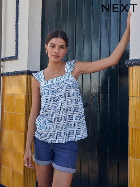 Blau/Weiß - Trägertop mit Lochstickerei und gerüschten Ärmeln (375436) | 12 €