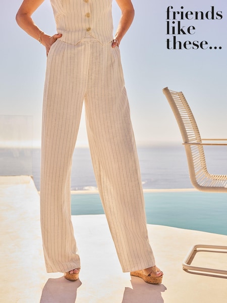 Friends Like These Cream Petite Wide Leg Pinstripe Linen Look Trousers (378723) | AED122