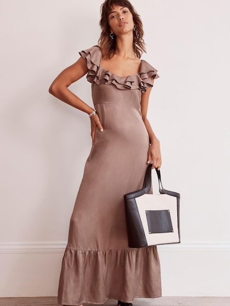 Mint Velvet Brown Satin Frill Maxi Dress (379506) | €83