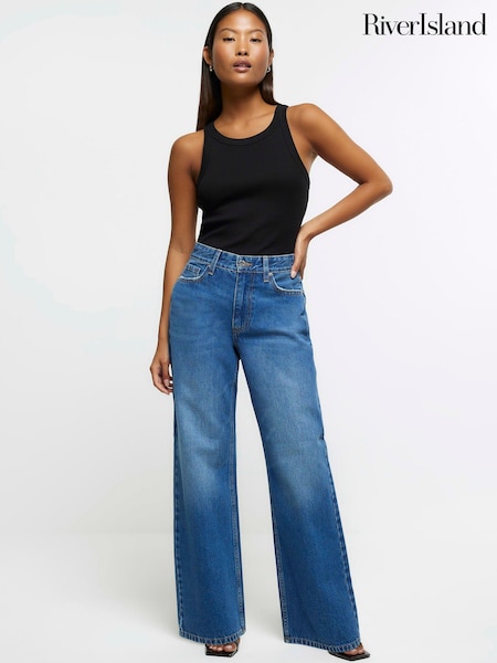 River Island Blue Petite Denim Medium 90's Mid Rise Straight 100% Cotton Jeans (380894) | AED280