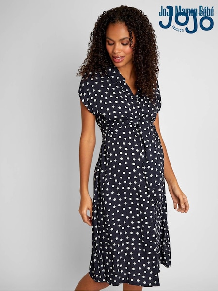JoJo Maman Bébé Navy Blue & White Spot Maternity Shirt Dress With Tie (381422) | €78