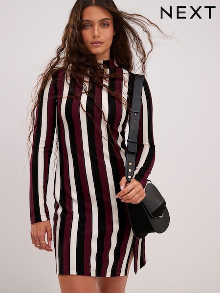 Black Red Stripe High Neck Long Sleeve Mini Dress (381424) | €7